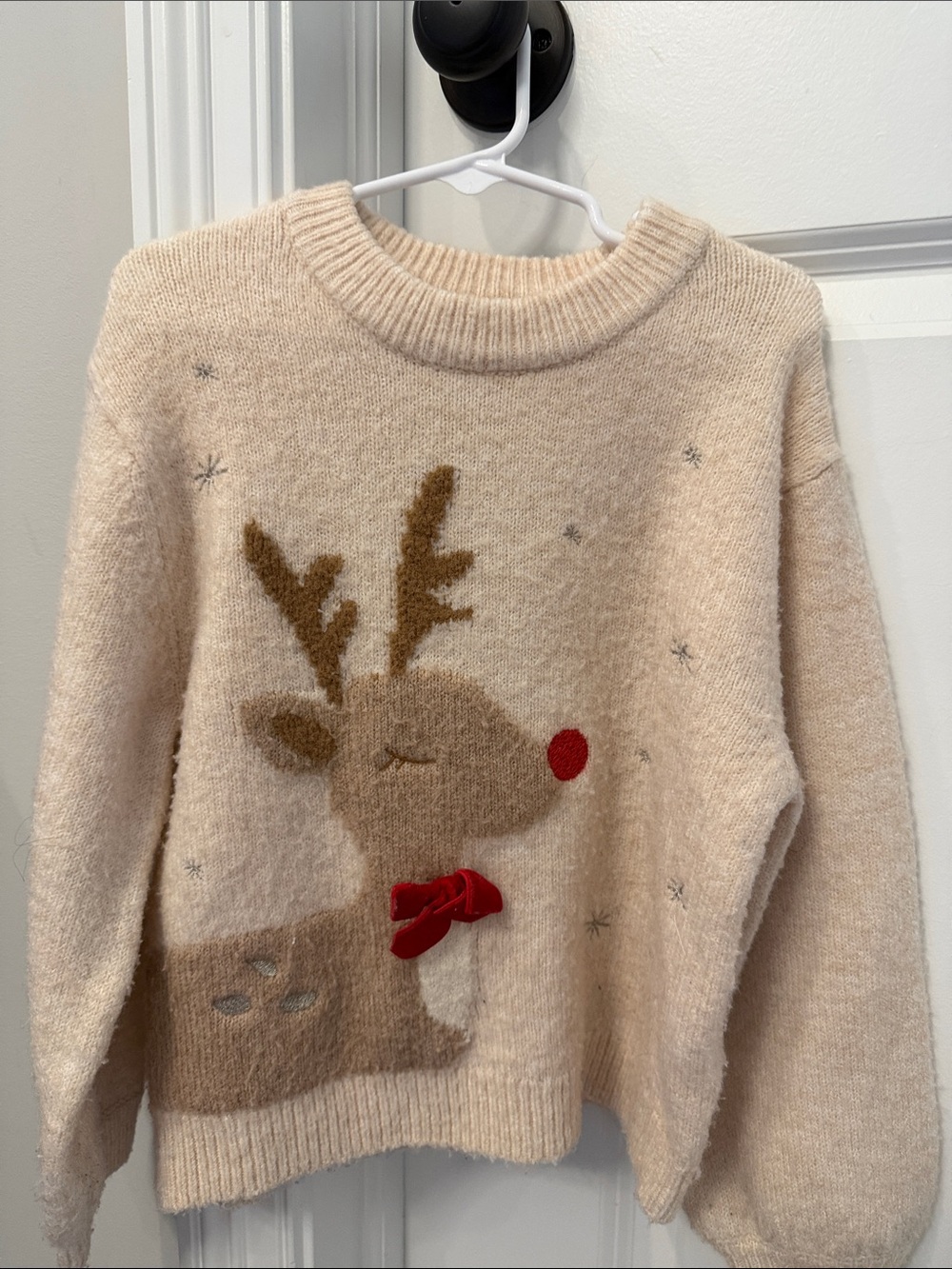 Zara Cream Reindeer Sweater with Red Bow Accent